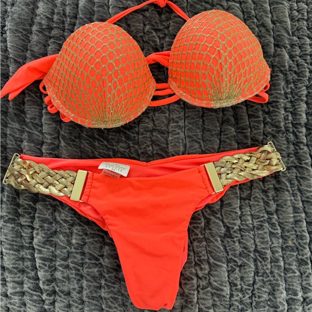 Beach Bunny Orange and Gold Bikini Set